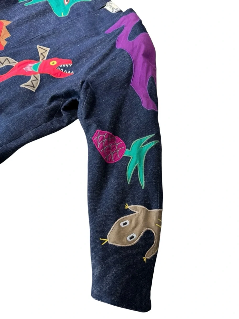 Vintage Girasol Mexican Whimsical Appliqué Denim Jacket Multicolor Animal Motifs